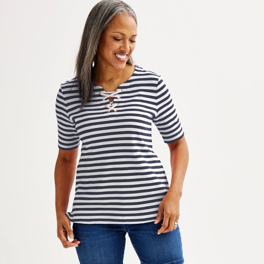 NWT Croft & Barrow Womens Top XXL Blue White Stripe Lace-Up Front MSRP $19.99